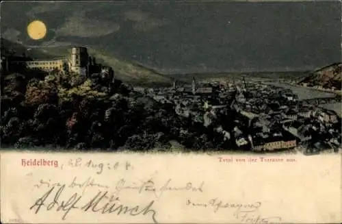 Ak Heidelberg am Neckar, Gesamtansicht von der Terrasse aus, Mondschein