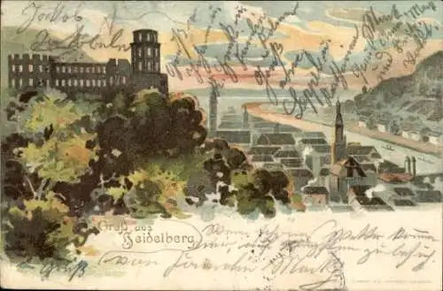 Ak Heidelberg am Neckar, Verschiedene Gebäude, Neckar, Farben, Schriftzüge