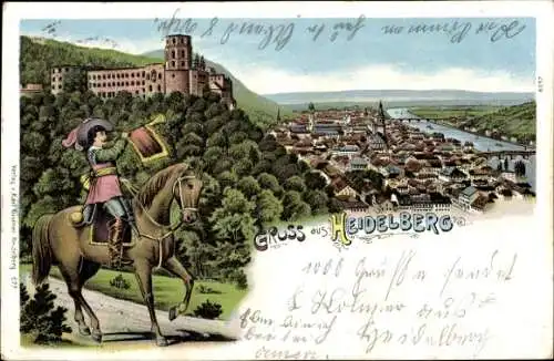 Ak Heidelberg am Neckar, Reiterfigur, gotische Architektur, Blick auf Stadt, Neckarfluss
