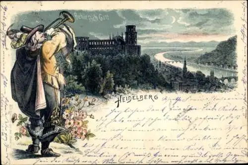 Ak Heidelberg am Neckar, Mann mit Trompete, Schloss Heidelberg im Hintergrund, Flussansicht, Blum