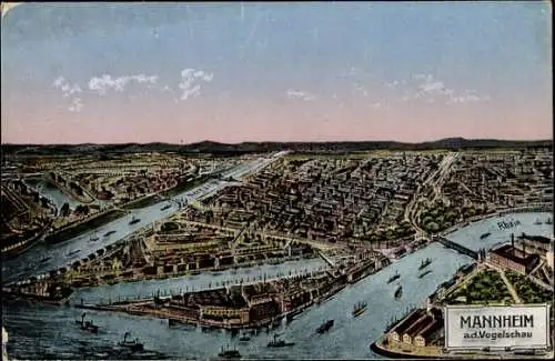 Ak Mannheim in Baden, Luftaufnahme von  dem Rhein, Schiffe, Stadtansicht, alte 