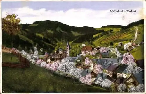 Ak Mellenbach Glasbach im Schwarzatal, Panorama im Frühling, Baumblüte