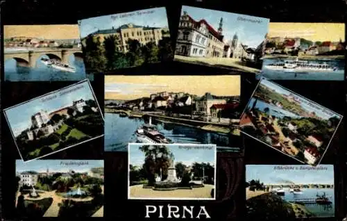 Ak Pirna in Sachsen, Schloss Sonnenstein, Friedenspark, Kgl. Lehrer Seminar, Kriegerdenkmal