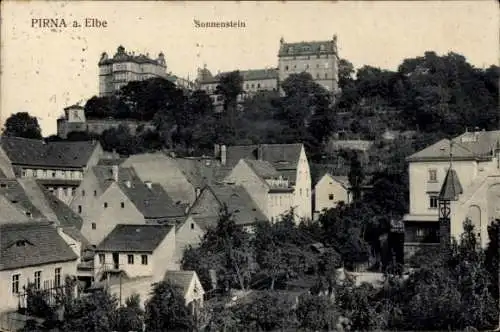 Ak Sonnenstein Pirna in Sachsen, Historische Ansicht von  Gebäude am Sonnenstein, Elbe im Vorderg