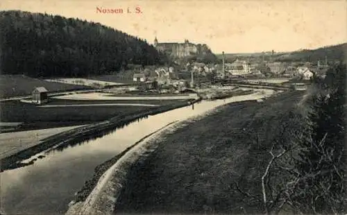 Ak Nossen in Sachsen, Stadtansicht, Fluss, Gebäude, Wälder im Hintergrund