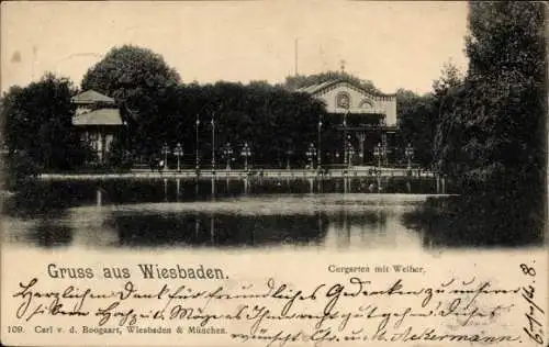 Ak Wiesbaden in Hessen, Curgarten mit Weiher, Dank für Hochzeit, Carl v. d. Boogaart