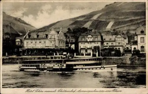 Ak Assmannshausen Rüdesheim am Rhein, Schiff auf dem Rhein, Hotel Schön, Wein und Familienhaus, R