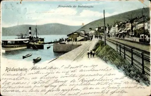 Ak Rüdesheim am Rhein, Anlegestelle der Rheindampfer, Schiffe, Uferpromenade, Menschen