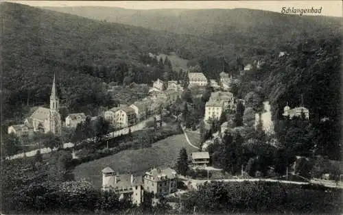 Ak Schlangenbad im Taunus Hessen, Landschaftsansicht, Kirche, Gebäude, Wald, Fluss