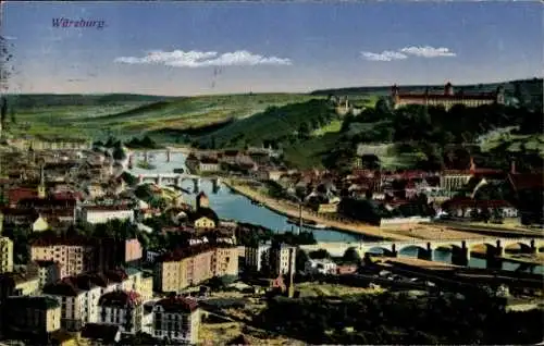 Ak Würzburg am Main Unterfranken, Ansicht auf  Fluss und Stadtansicht, Brücken