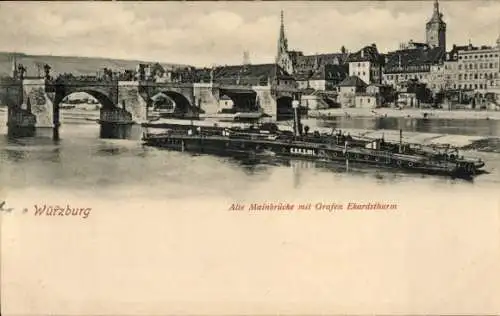 Ak Würzburg am Main Unterfranken, Alte Mainbrücke, Grafen Ekardsthurm, Dampfschiff,  Architektur