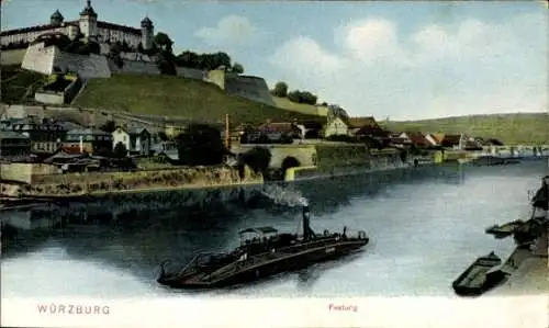 Ak Würzburg am Main Unterfranken, Festung, Spazierboot, Fluss, Stadtansicht