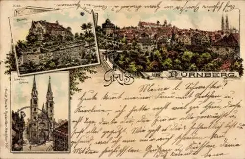 Litho Nürnberg in Mittelfranken, Burg, Lorenz Kirche