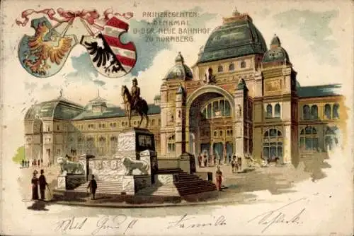 Ak Nürnberg in Mittelfranken, Albrecht Dürer Haus, Prinzregentendenkmal, neue Bahnhof, Reiterstan