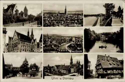 Ak Ulm an der Donau, Gesamtansicht, Zundeltor, Stadtmauer, Metzgerturm, Rathaus
