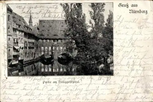 Ak Nürnberg in Mittelfranken, Foto vom Heiliggeistspital, Wasser, Brücke,  Gebäude