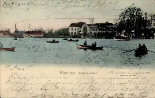 Ak Dutzendteich Nürnberg in Mittelfranken Bayern, Dutzendteich, Wasser, Boote,  Gebäude, Natur