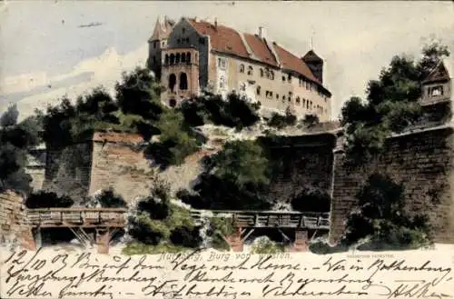 Ak Rothenburg ob der Tauber Mittelfranken, Burg auf einem Hügel, Brücke, Bäume, r Stil