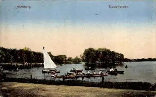 Ak Dutzendteich Nürnberg in Mittelfranken Bayern, Dutzendteich, Segelboote, Angler, Naturszene, U