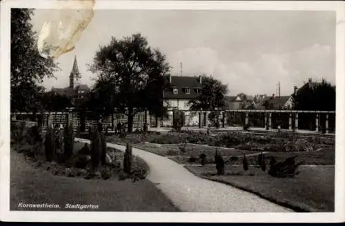 Ak Kornwestheim in Württemberg, Stadtgarten, Bäume, Weg, Gebäude, Kirche im Hintergrund