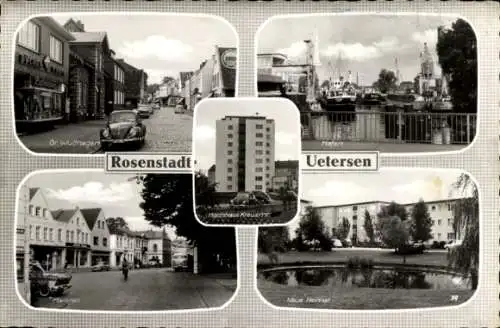 Ak Uetersen in Holstein, Hafen, Gr. Wulfhagen, Marktstraße, Neue Heimat, Hochhaus
