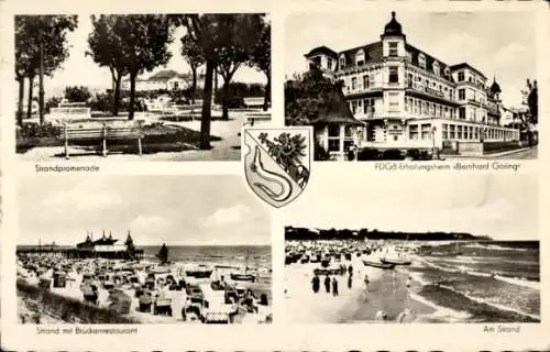 Ak Ostseebad Ahlbeck auf Usedom, Strandpromenade, FDGB-Erholungsheim, Strand mit Brückenrestauran