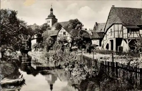 Ak Weferlingen Dettum Niedersachsen, Historische Fachwerkhäuser, Kanal, Kirchturm, ruhige Landsch