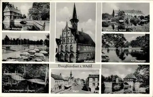 Ak Burgsteinfurt Steinfurt Münsterland, Rathaus, Ritterburg, Schloss, Schlossmühle, Markt, Freibad