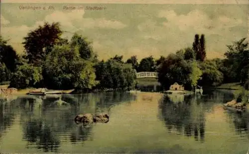 Ak Uerdingen Krefeld am Niederrhein, Stadtparkansicht, Gewässer, Boote, Brücke, Natur