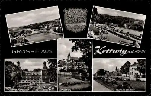 Ak Kettwig Essen im Ruhrgebiet, Schloss Hugenpoat, Alt Kettwig, Kettwig mit Strasse, Portie an de