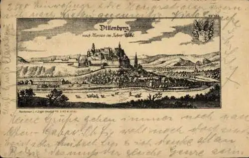 Ak Dillenburg in Hessen, Stadtansicht mit Schloss, Landschaft,  Abbildung, Jahr 1640