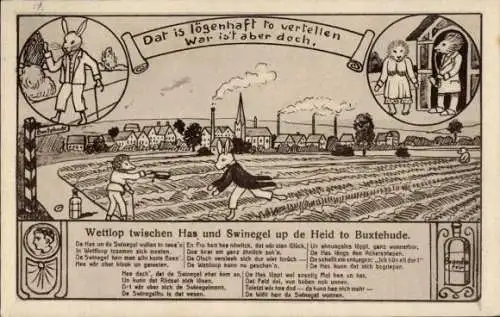Ak Buxtehude in Niedersachsen, Illustration von Wettlauf zwischen Has und Schwein, lustiger Text