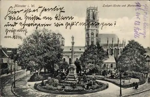 Ak Münster in Westfalen, Ludgeri-Kirche, Mariensale, Brunnen, Gartenanlage