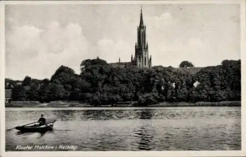 Ak Malchow Meckl., Blick auf das Kloster, Boot, Turm