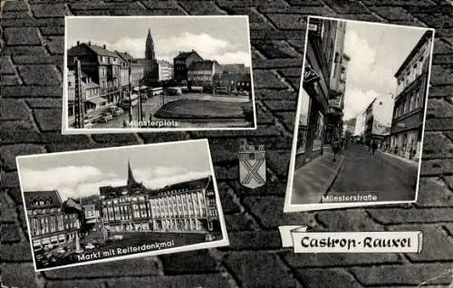 Ak Castrop Rauxel im Ruhrgebiet, Münsterplatz, Münsterstraße, Markt, Reiterdenkmal