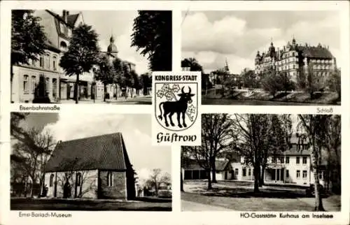 Ak Güstrow in Mecklenburg, Eisenbahnstraße, Ernst Barlach Museum, Schloss, Hoch-Gaststätte
