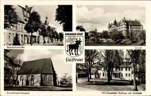 Ak Güstrow in Mecklenburg, Eisenbahnstraße, Ernst-Barlach Museum, Schloß, HO-Gaststätte Kurhaus a