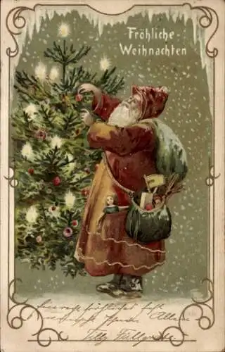 Ak Frohe Weihnachten, Weihnachtsmann, Tannenbaum