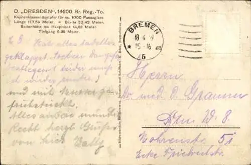 Ak Der neue Post- und Passagierdampfer Dresden, Norddeutscher Lloyd NDL