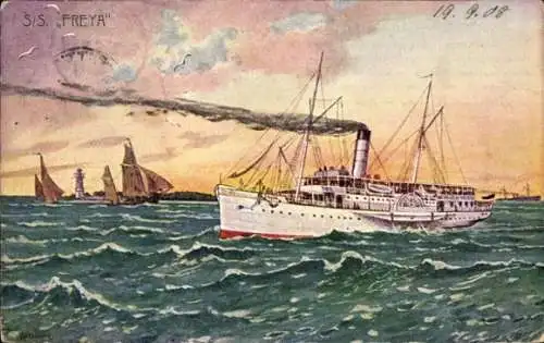 Künstler Ak Dampfer S.S. Freya, Raddampfer, Auf dem Meer
