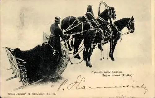 Ak Glückwunsch Neujahr, Schlittengespann, Mann in russischer Volkstracht
