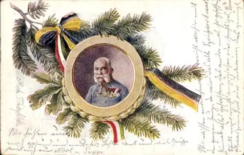 Ak Portrait Kaiser Franz Josef von Österreich Ungarn, Schleifen, Tannenzweig, Eichenlaub