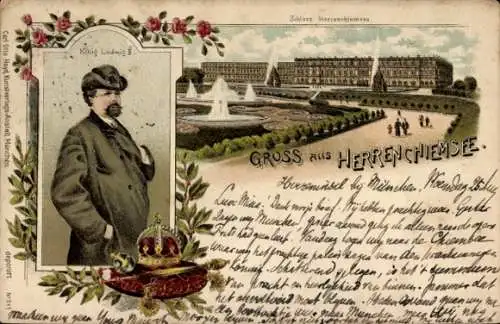Litho Herrenchiemsee Herreninsel Chiemsee Oberbayern, Schloss, König Ludwig II