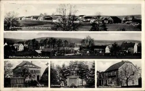 Ak Geissmannsdorf Geißmannsdorf Bischofswerda, Schule, Gasthaus zur Schmiede, Denkmal