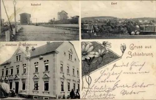 Ak Schönbrunn Bischofswerda in Sachsen, Bahnhof, Dorf, Gasthaus