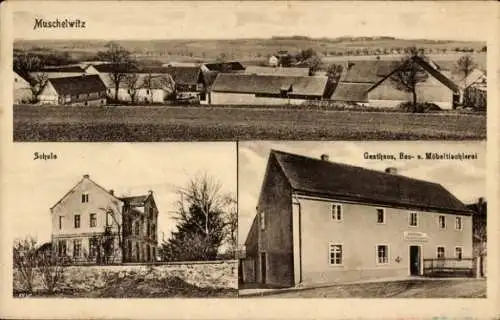 Ak Muschelwitz Göda in der Oberlausitz, Gesamtansicht, Schule, Gasthaus, Bau- und Möbeltischlerei