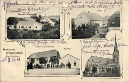 Ak Storcha Göda in der Oberlausitz, Kirche, Mühle, Gasthof Dreikretscham, Tanzsaal