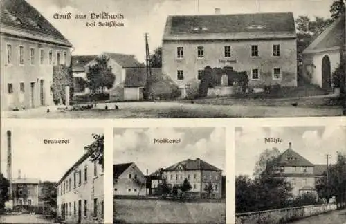 Ak Prischwitz Göda in der Oberlausitz, Teilansicht, Brauerei, Molkerei, Mühle