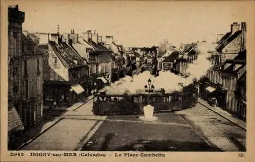 Ak Isigny sur Mer Calvados, Place Gambetta, Straßenbahn