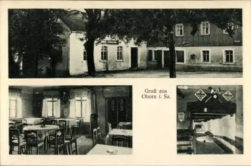 Ak Ohorn in Sachsen,  mit Gasthausansicht, Innenansicht, Tavernensaal, Garten